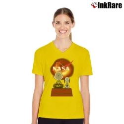 Women’s NASA Black Hole M87 Snoopy Science Fan V-Neck Tee in yellow | Chic Neckline, Soft Texture