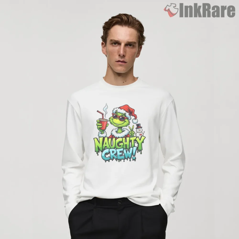 Naughty Crew Funny Grinch Holiday Shirt on white long sleeve shirt for men graphic tee