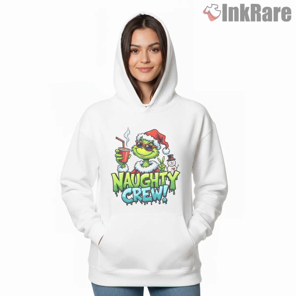 Naughty Crew Funny Grinch Holiday Hoodie White Naughty Crew Funny Grinch Holiday Shirt on white hoodie for women graphic tee