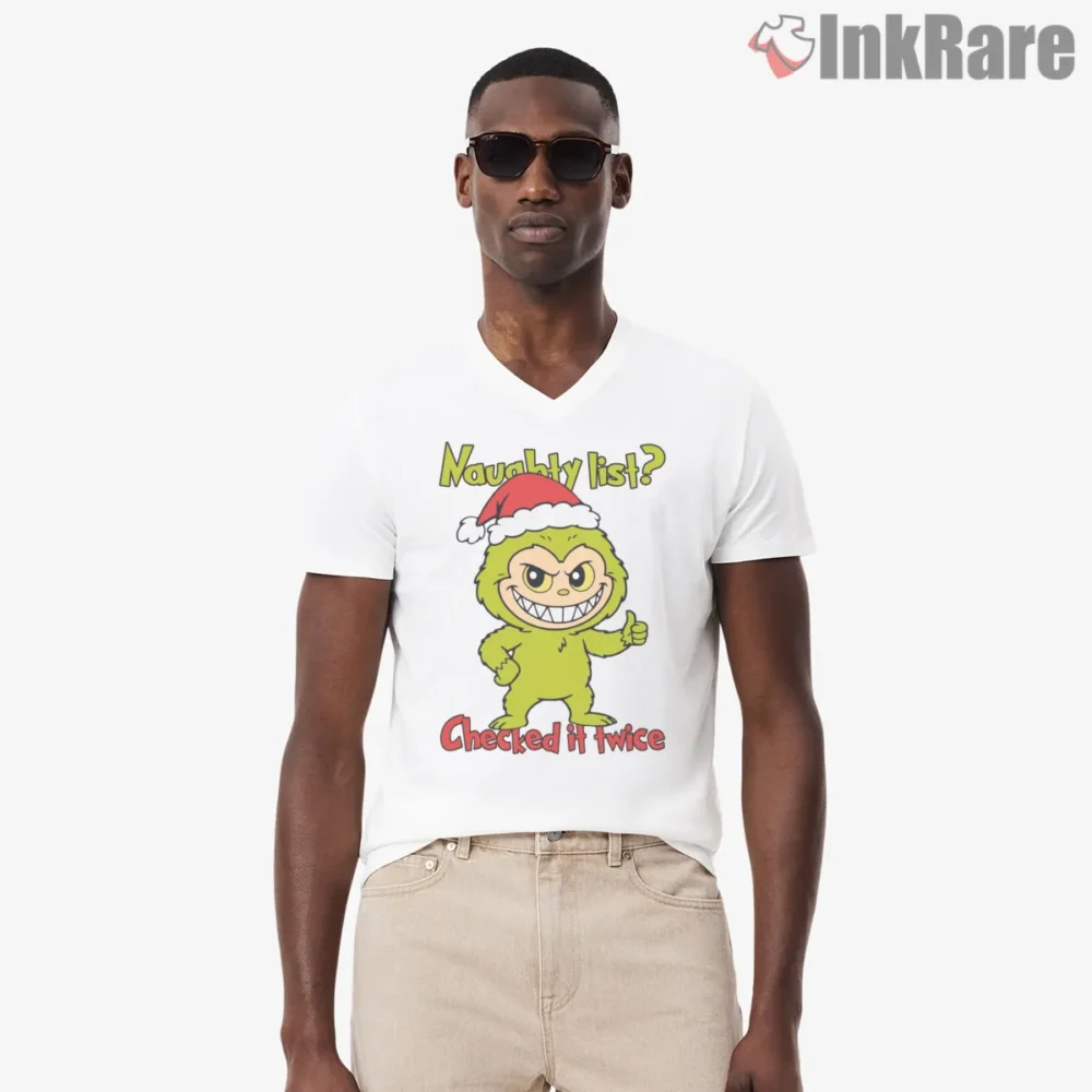 Naughty List Checked It Twice Imp Christmas Shirt on white v-neck shirt for men graphic tee