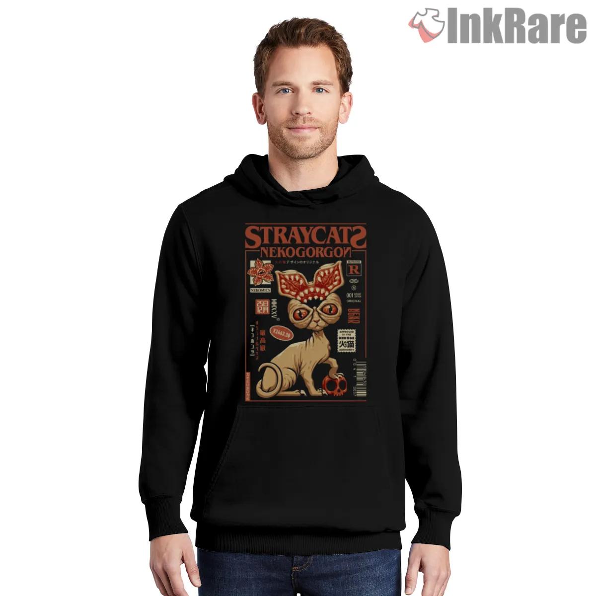 Nekogorgon Stranger Cat Horror Parody Shirt on black hoodie for men graphic tee