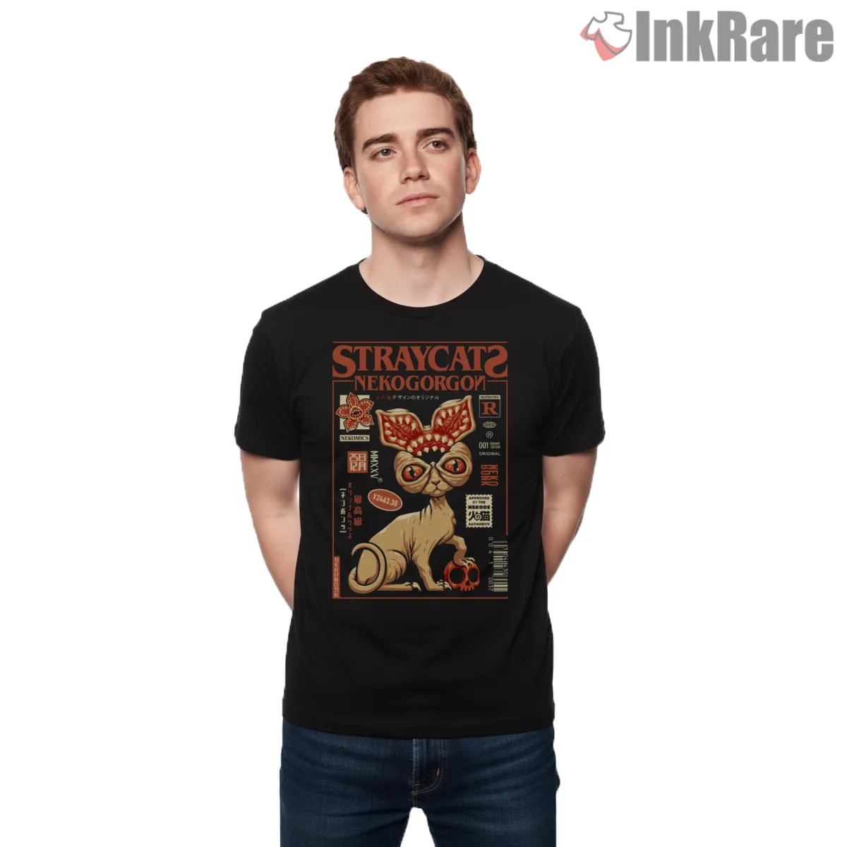 Nekogorgon Stranger Cat Horror Parody Short Sleeve Black Nekogorgon Stranger Cat Horror Parody Shirt on black short sleeve shirt for men graphic tee