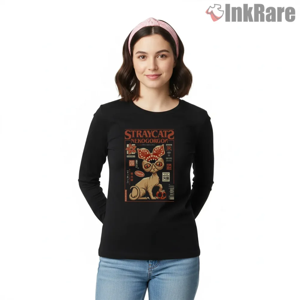 Nekogorgon Stranger Cat Horror Parody Shirt on black long sleeve shirt for women graphic tee
