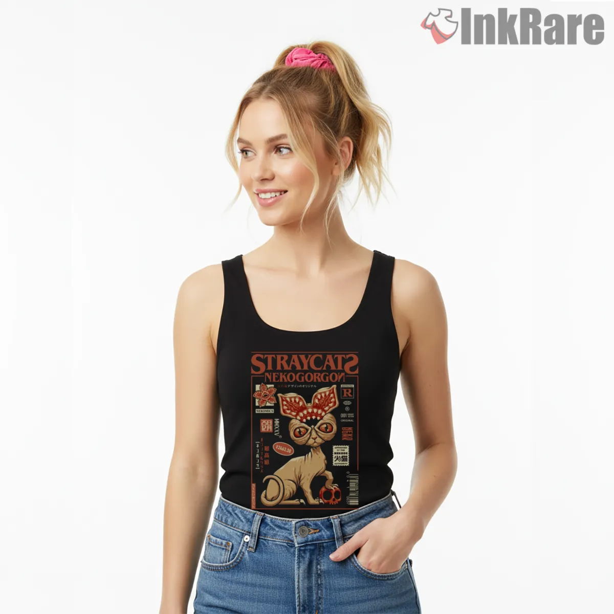 Nekogorgon Stranger Cat Horror Parody Tank Top Black Nekogorgon Stranger Cat Horror Parody Shirt on black tank top for women graphic tee
