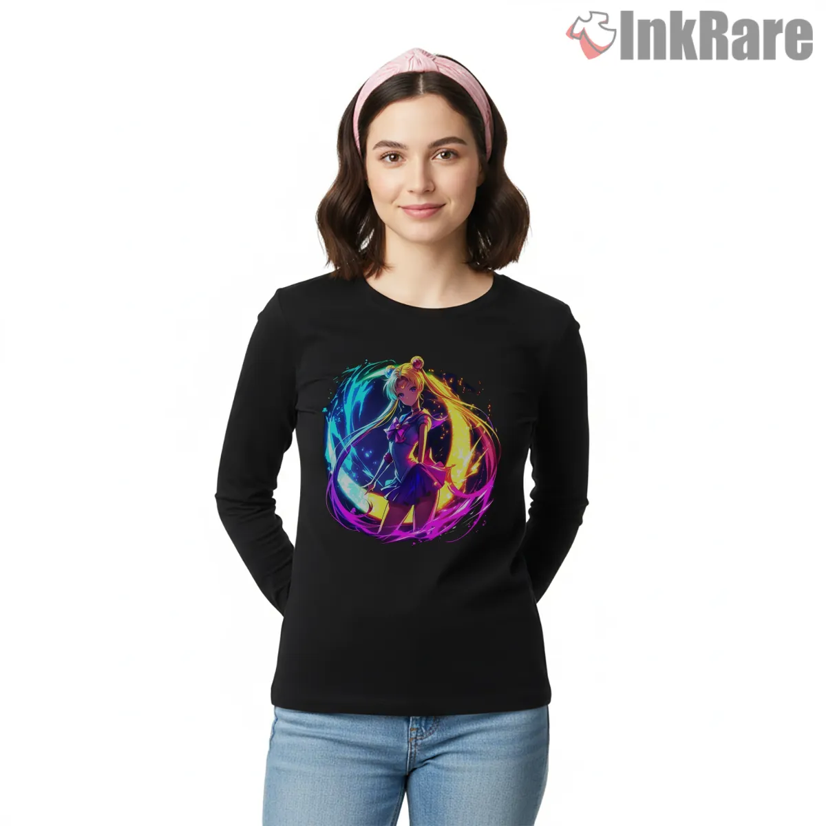 Neon Aura Magical Girl Cosmic Energy Long Sleeve Black Neon Aura Magical Girl Cosmic Energy Shirt on black long sleeve shirt for women graphic tee