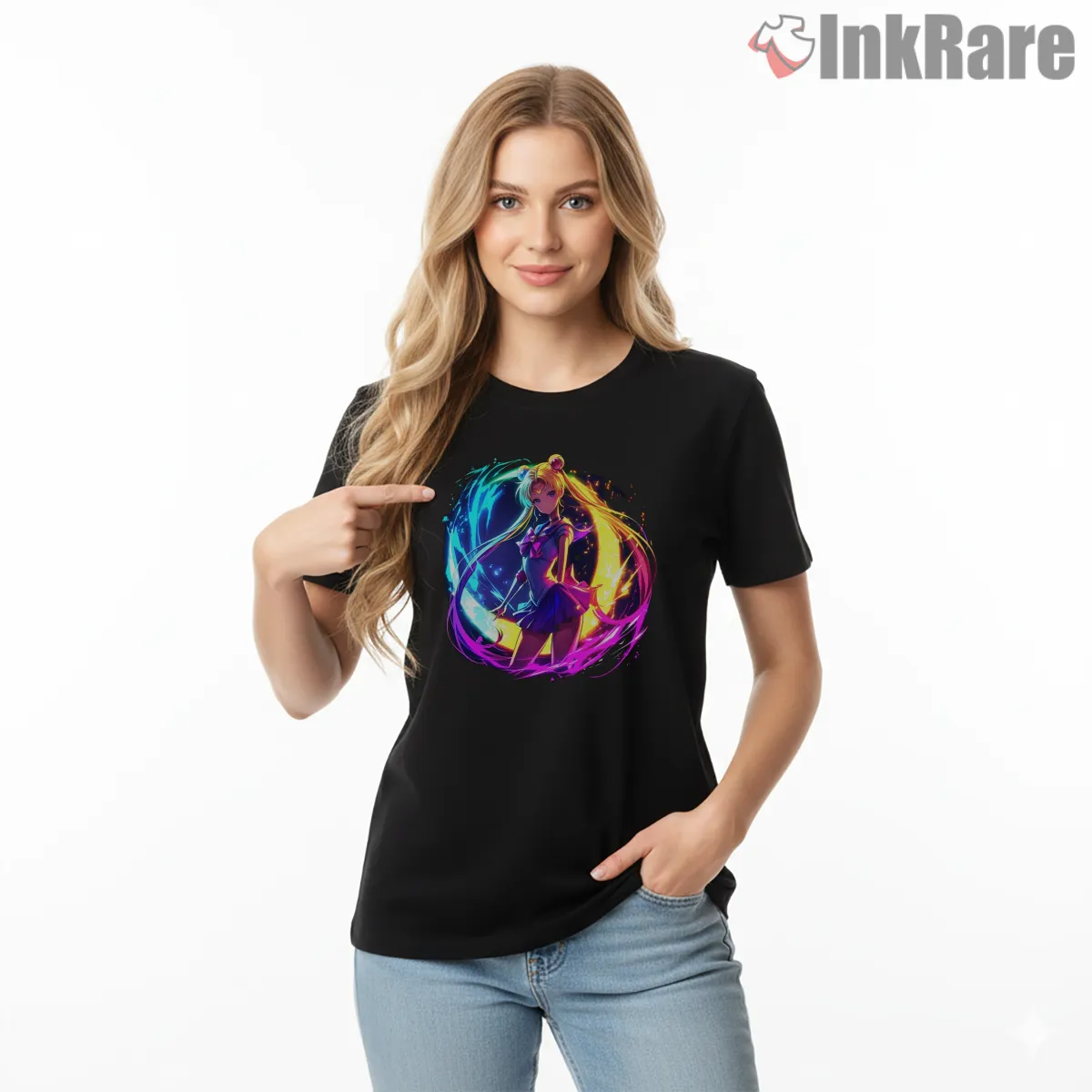 Neon Aura Magical Girl Cosmic Energy Short Sleeve Black Neon Aura Magical Girl Cosmic Energy Shirt on black short sleeve shirt for women graphic tee
