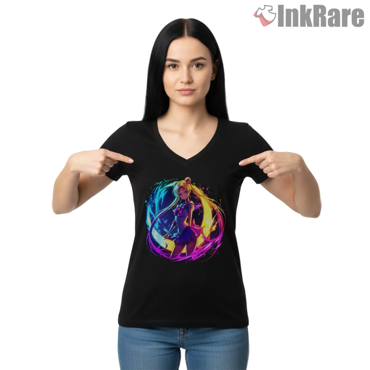 Neon Aura Magical Girl Cosmic Energy V Neck Black Neon Aura Magical Girl Cosmic Energy Shirt on black v-neck shirt for women graphic tee