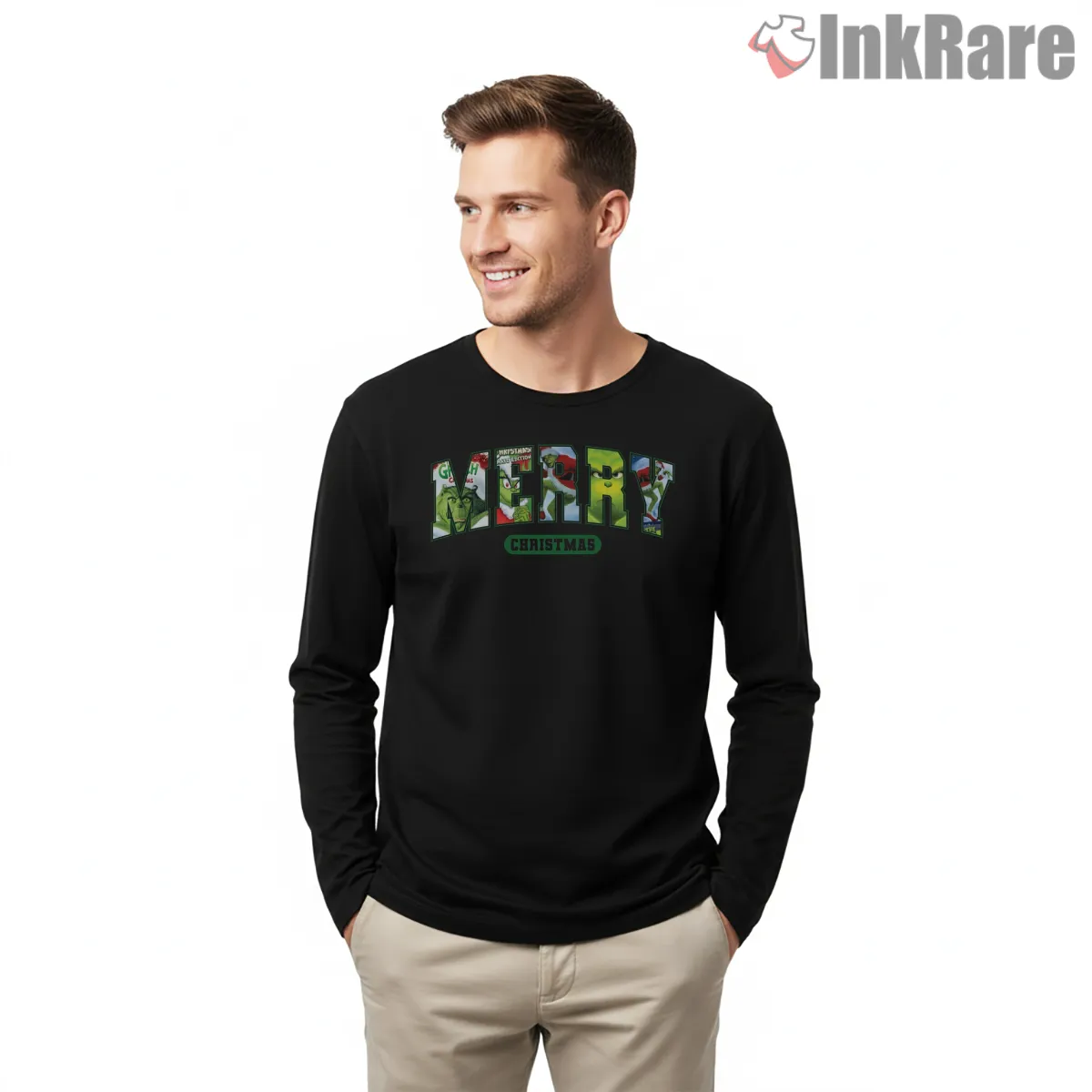 Neon Block Merry Christmas Grinch Long Sleeve Black Neon Block Merry Christmas Grinch Shirt on black long sleeve shirt for men graphic tee