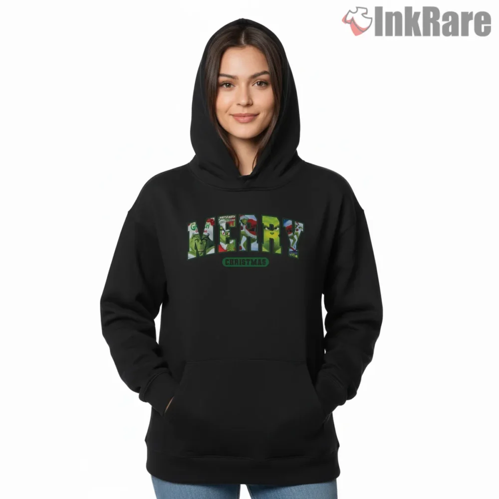 Neon Block Merry Christmas Grinch Shirt on black hoodie for women graphic tee