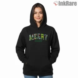 Neon Block Merry Christmas Grinch Shirt on black hoodie for women graphic tee