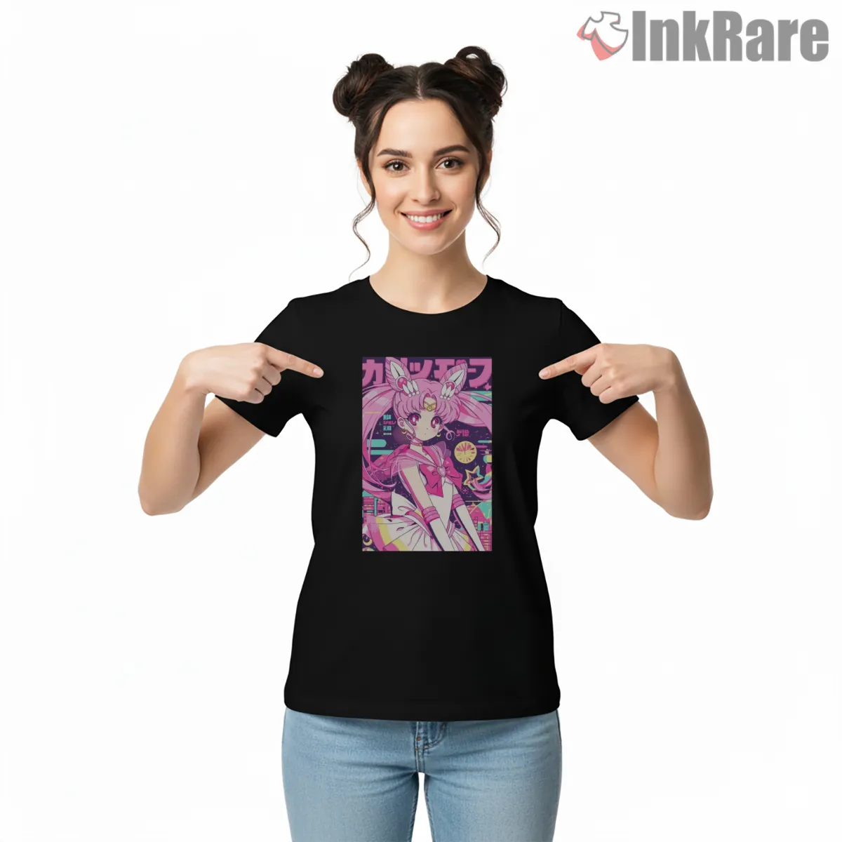 Neon Chibiusa Retro City Pop Short Sleeve Black Neon Chibiusa Retro City Pop Shirt on black short sleeve shirt for women graphic tee