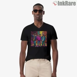 Neon City Beastie Boys Trio Shirt on black v-neck shirt for men graphic tee
