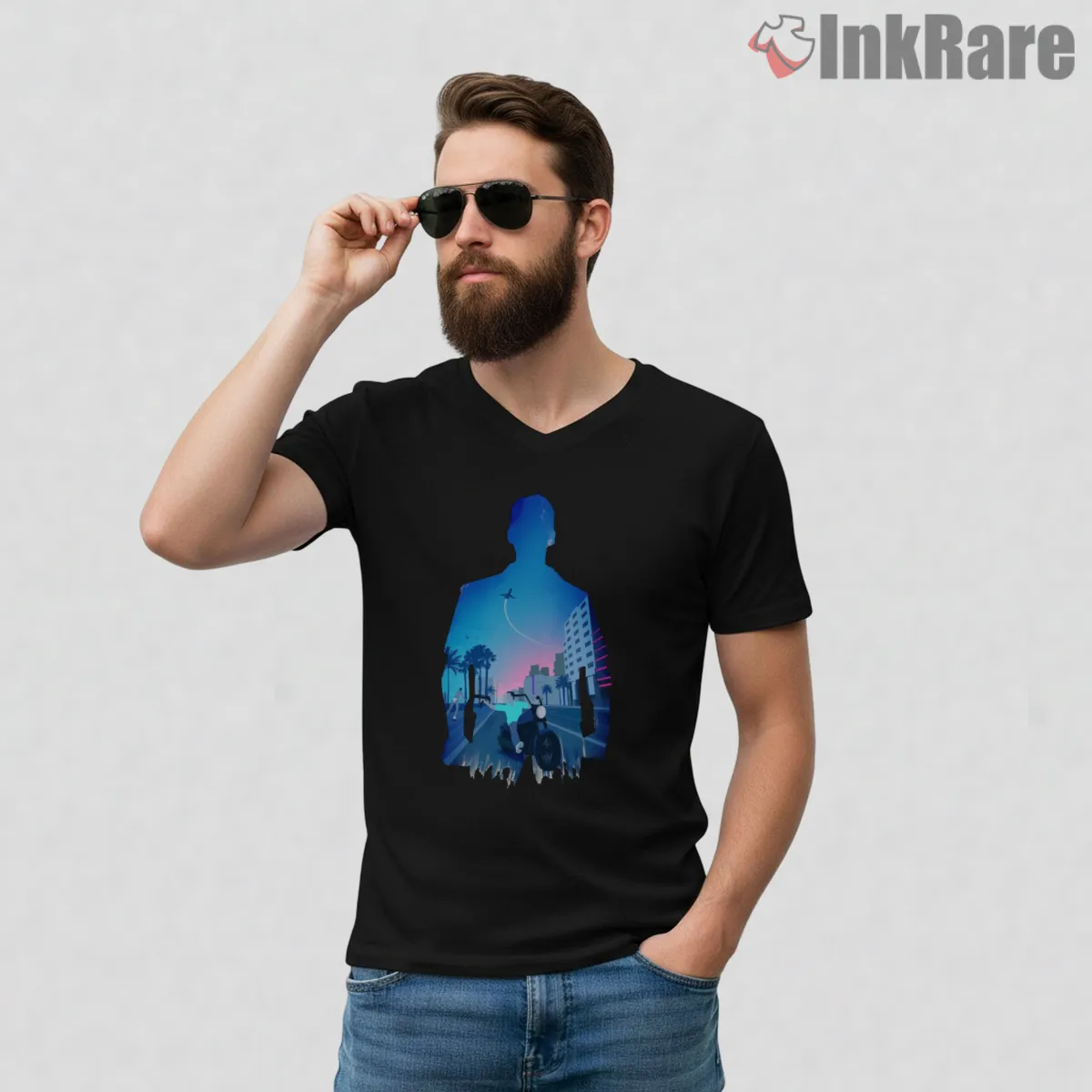 Neon City Silhouette Gradient Gta Nightscape V Neck Black Neon City Silhouette Gradient Gta Nightscape Shirt on black v-neck shirt for men graphic tee