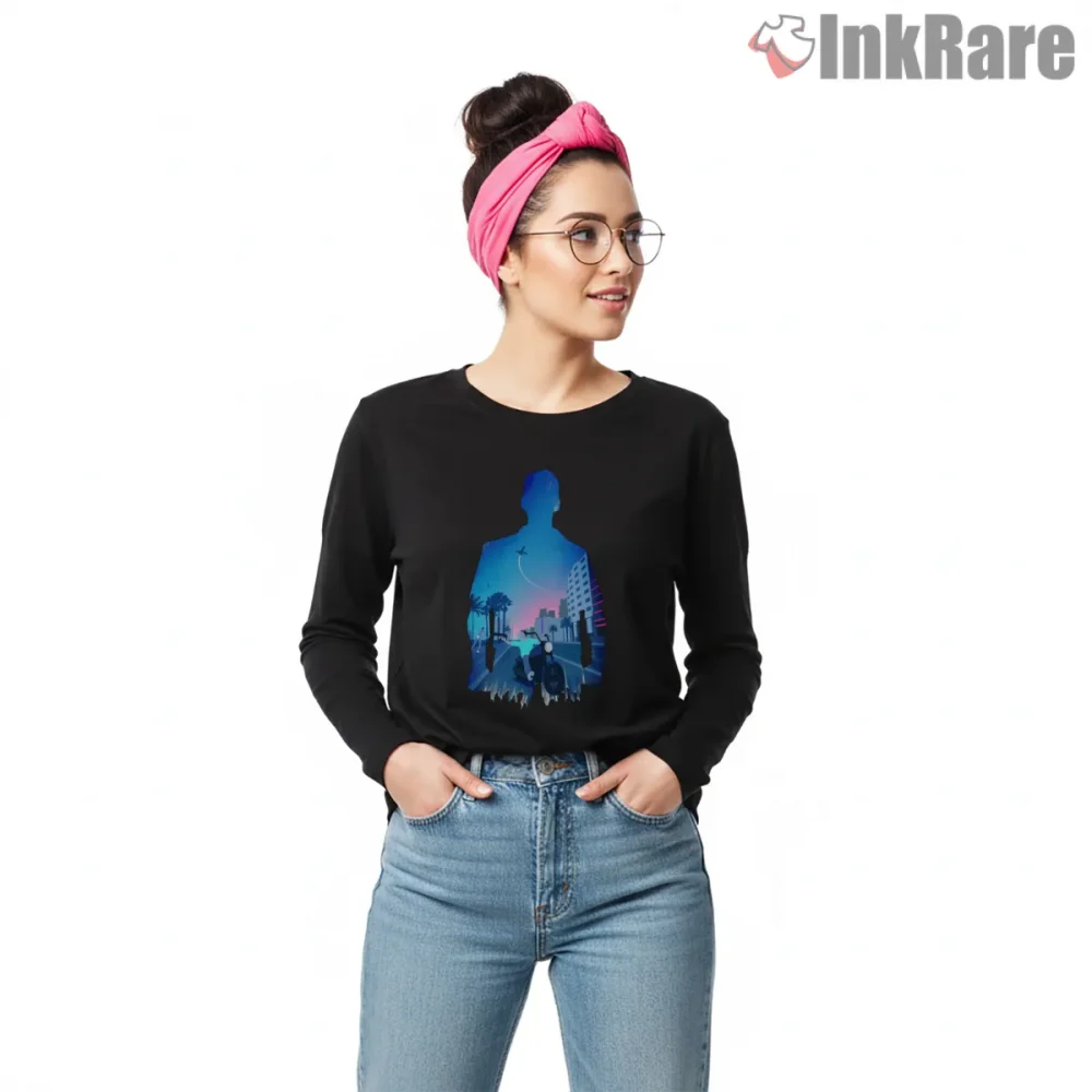 Neon City Silhouette Gradient Gta Nightscape Shirt on black long sleeve shirt for women graphic tee