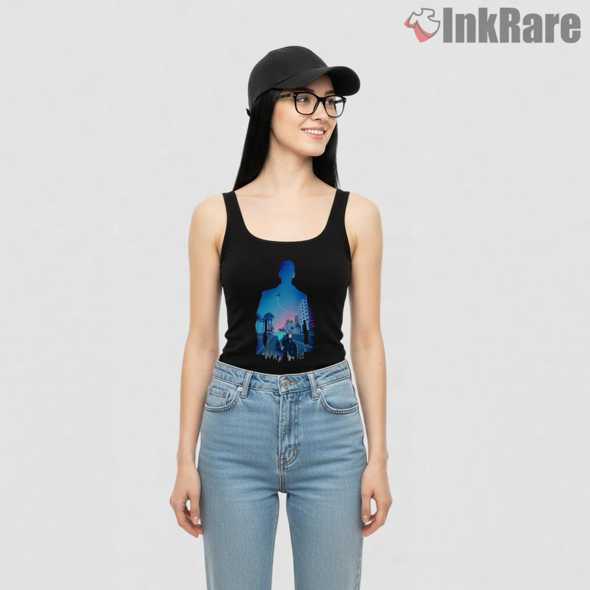Neon City Silhouette Gradient Gta Nightscape Tank Top Black Neon City Silhouette Gradient Gta Nightscape Shirt on black tank top for women graphic tee