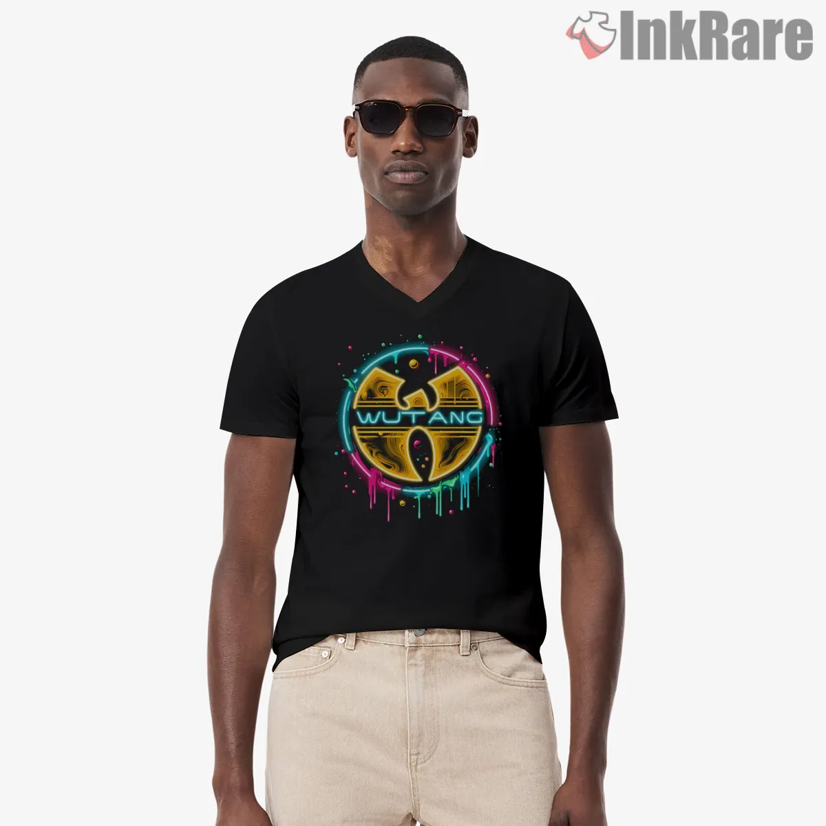 Neon Drip Wu Tang Clan Circle Logo V Neck Black Neon Drip Wu Tang Clan Circle Logo Shirt on black v-neck shirt for men graphic tee