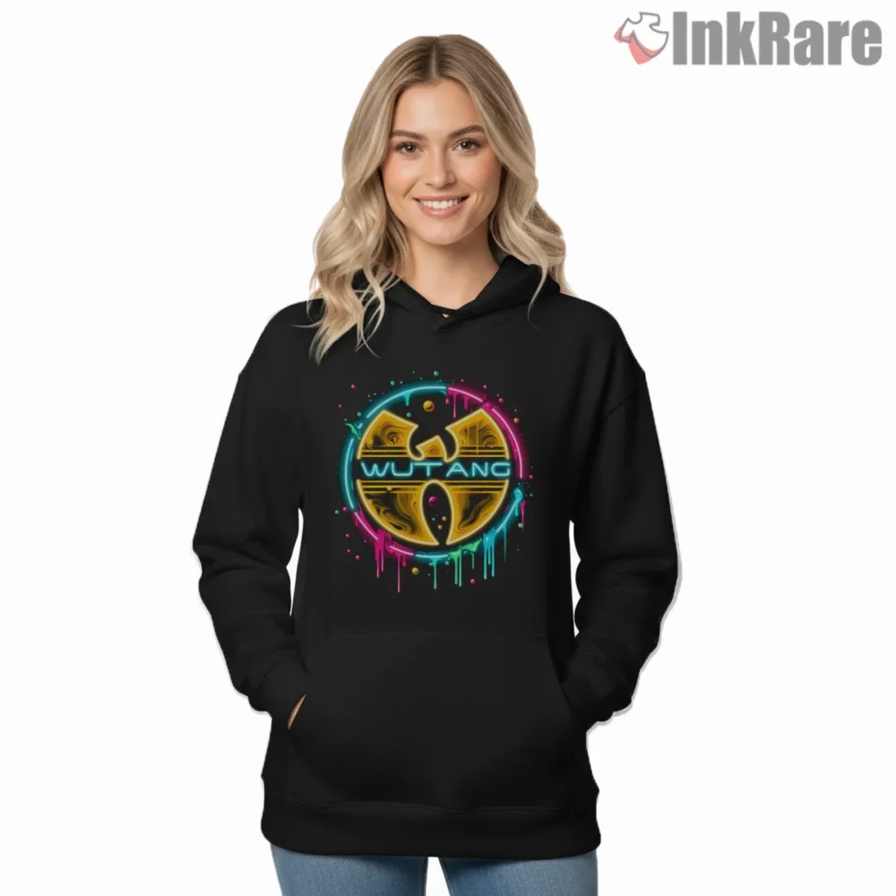 Neon Drip Wu Tang Clan Circle Logo Shirt on black hoodie for women graphic tee