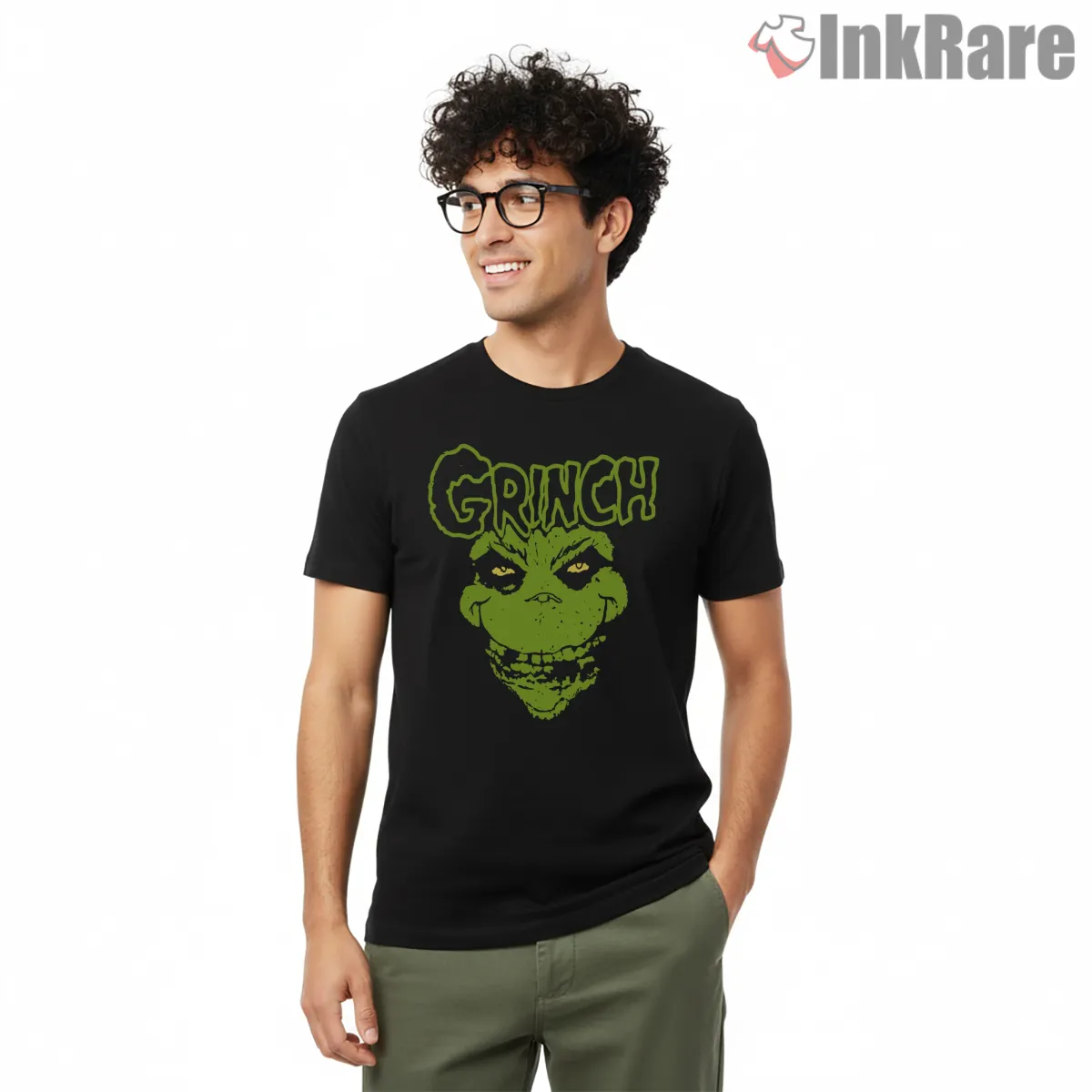 Neon Green Grinch Face Mischief Christmas Short Sleeve Black Neon Green Grinch Face Mischief Christmas Shirt on black short sleeve shirt for men graphic tee