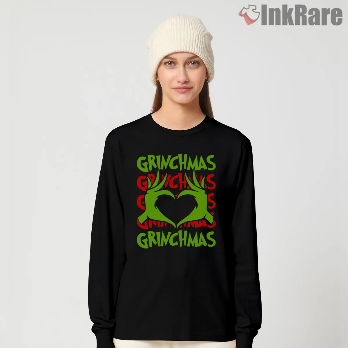 Neon Grinchmas Heart Hands Holiday Long Sleeve Black Neon Grinchmas Heart Hands Holiday Shirt on black long sleeve shirt for women graphic tee