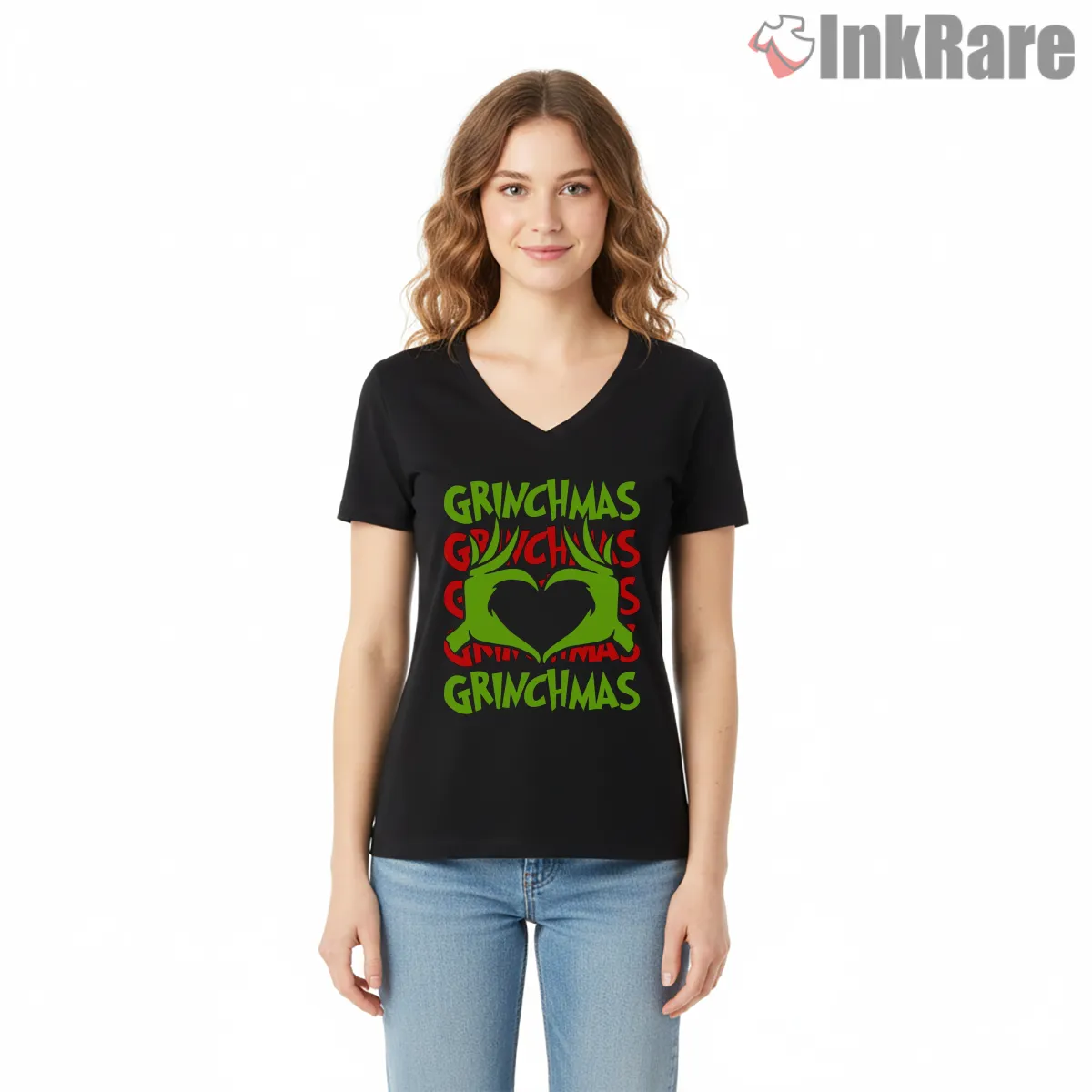 Neon Grinchmas Heart Hands Holiday V Neck Black Neon Grinchmas Heart Hands Holiday Shirt on black v-neck shirt for women graphic tee