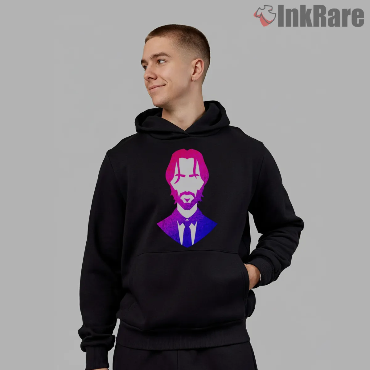 Neon John Wick Minimalist Portrait Shirt on black hoodie for men graphic tee