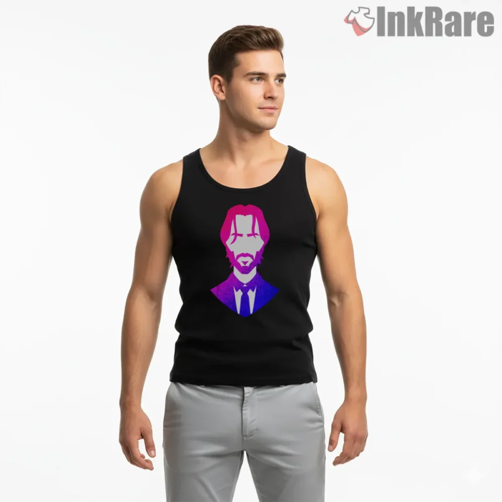 Neon John Wick Minimalist Portrait Shirt on black tank top for men graphic tee