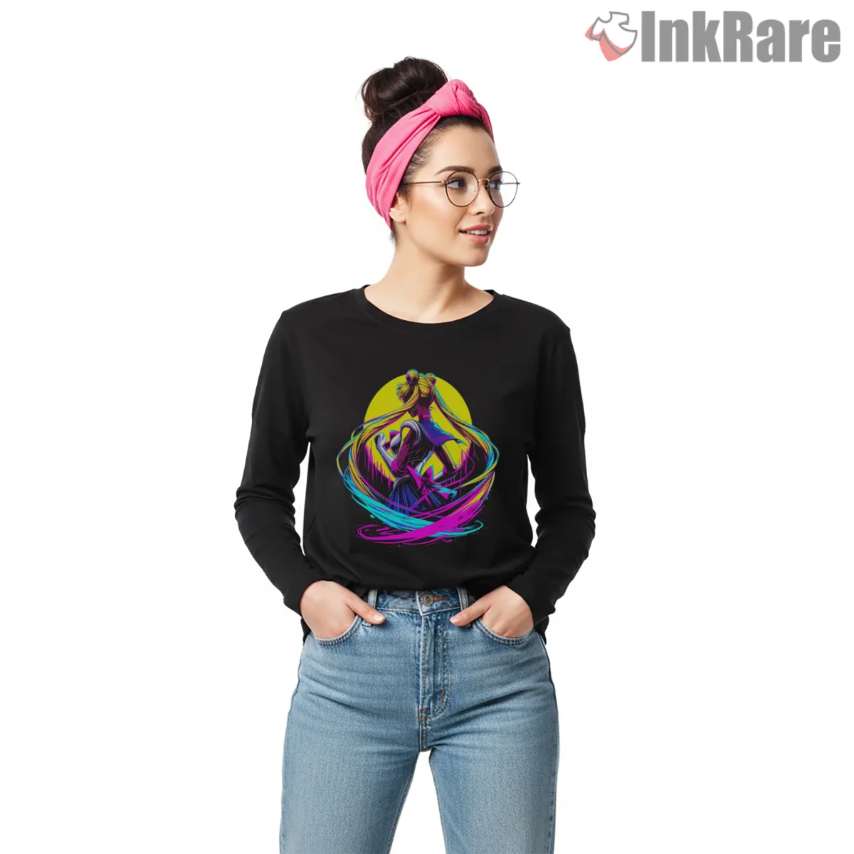 Neon Orbit Sailor Moon Energy Flow Long Sleeve Black Neon Orbit Sailor Moon Energy Flow Shirt on black long sleeve shirt for women graphic tee