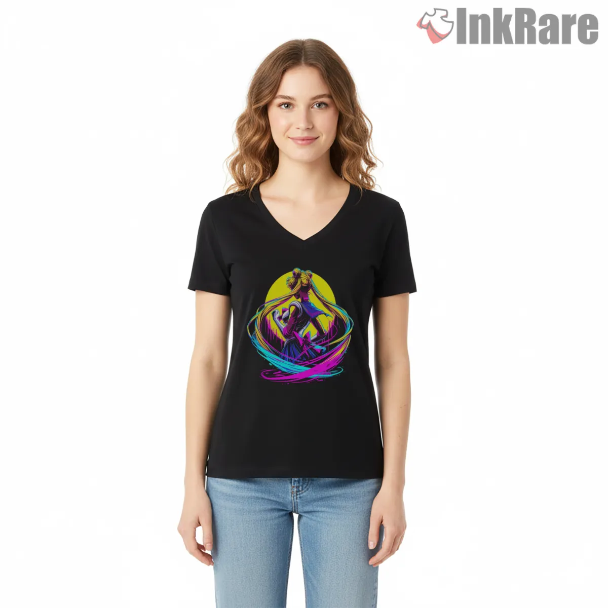Neon Orbit Sailor Moon Energy Flow V Neck Black Neon Orbit Sailor Moon Energy Flow Shirt on black v-neck shirt for women graphic tee