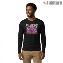 Neon Pink Saiyan Bloom Electric Aura Shirt on black long sleeve shirt for men graphic tee