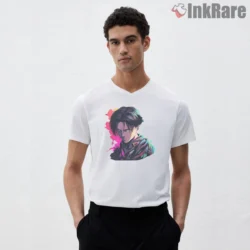 Neon Portrait Levi Ackerman Shirt on white v-neck shirt for men graphic tee