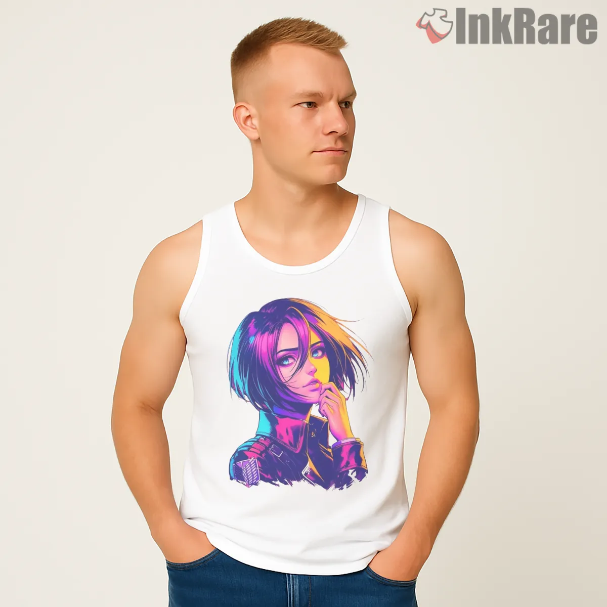 Neon Portrait Mikasa Ackerman Shirt on white tank top for men graphic tee