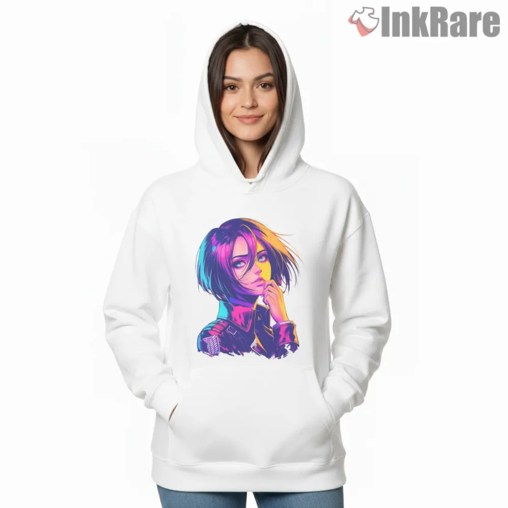 Neon Portrait Mikasa Ackerman Shirt on white hoodie for women graphic tee