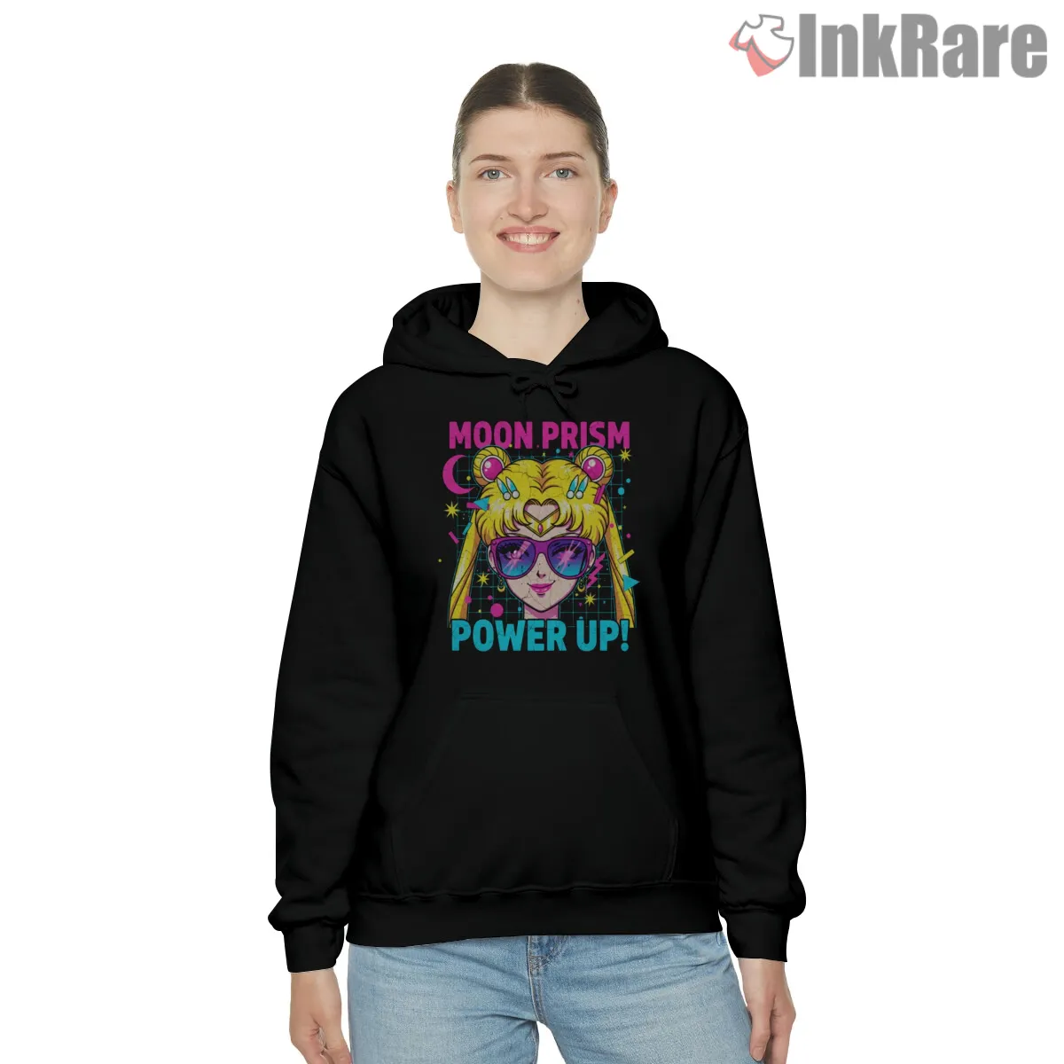 Neon Sailor Moon Power Up Portrait Hoodie Black Neon Sailor Moon Power Up Portrait Shirt on black hoodie for women graphic tee