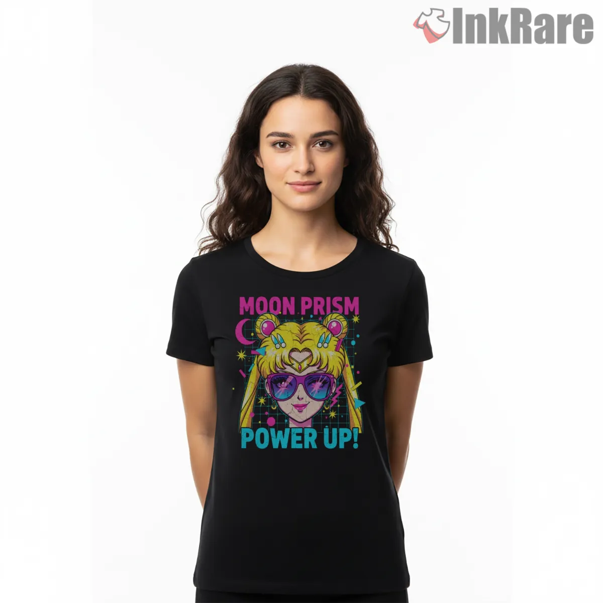 Neon Sailor Moon Power Up Portrait Short Sleeve Black Neon Sailor Moon Power Up Portrait Shirt on black short sleeve shirt for women graphic tee
