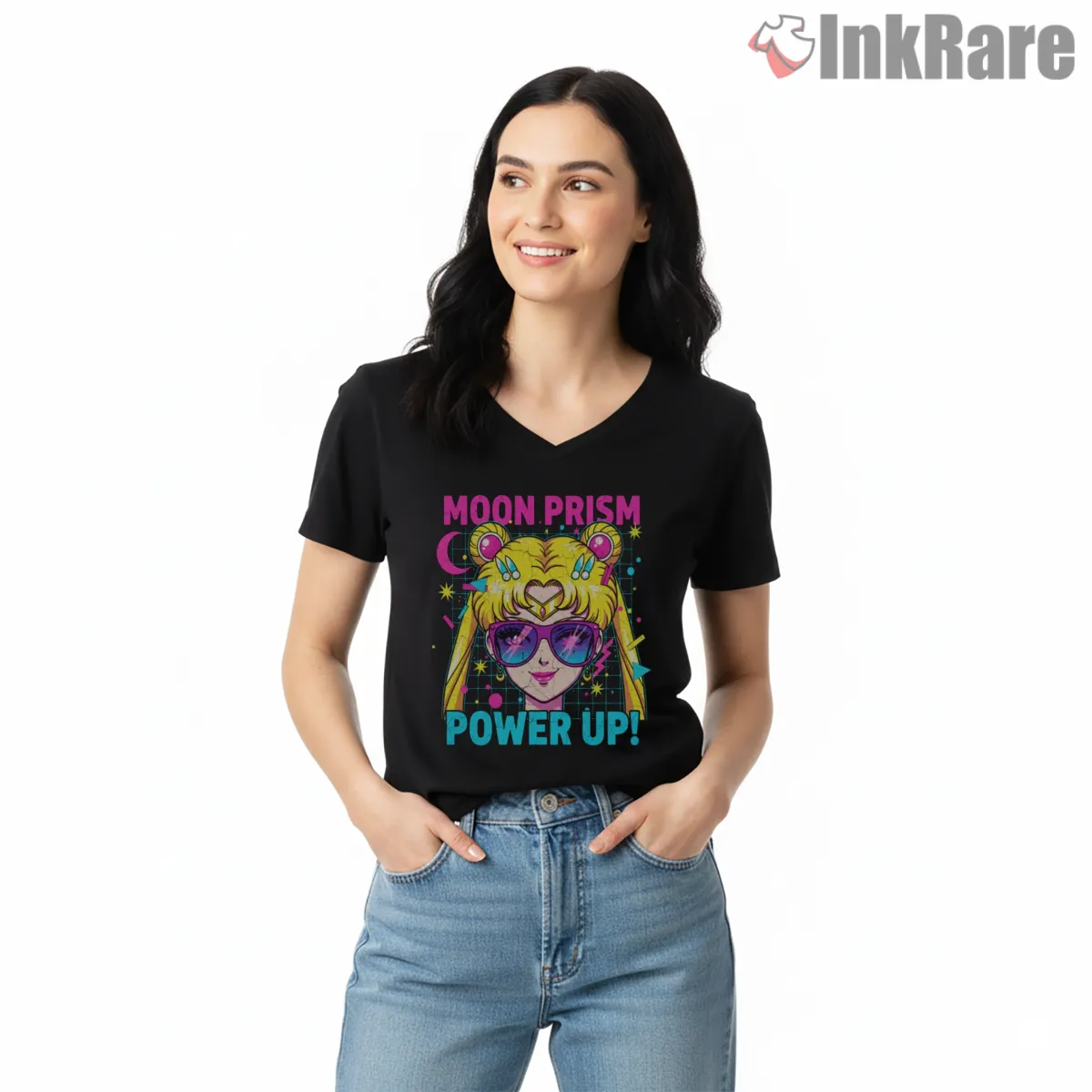 Neon Sailor Moon Power Up Portrait V Neck Black Neon Sailor Moon Power Up Portrait Shirt on black v-neck shirt for women graphic tee