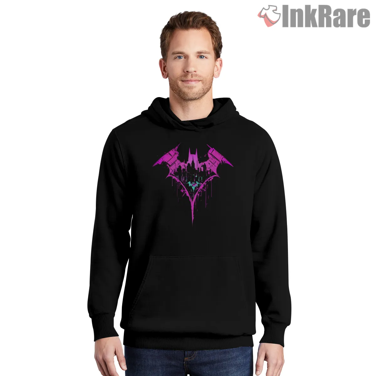 Neon Skyline Drip Bat Emblem Shirt on black hoodie for men graphic tee
