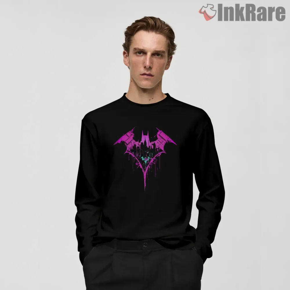 Neon Skyline Drip Bat Emblem Shirt on black long sleeve shirt for men graphic tee