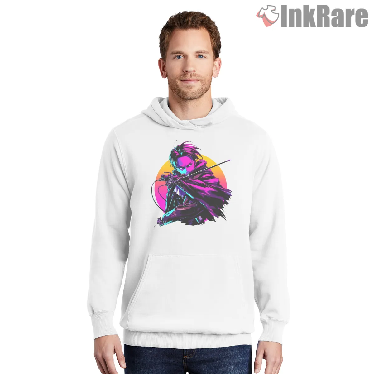 Neon Slash Levi Ackerman Attack On Titan Shirt on white hoodie for men graphic tee