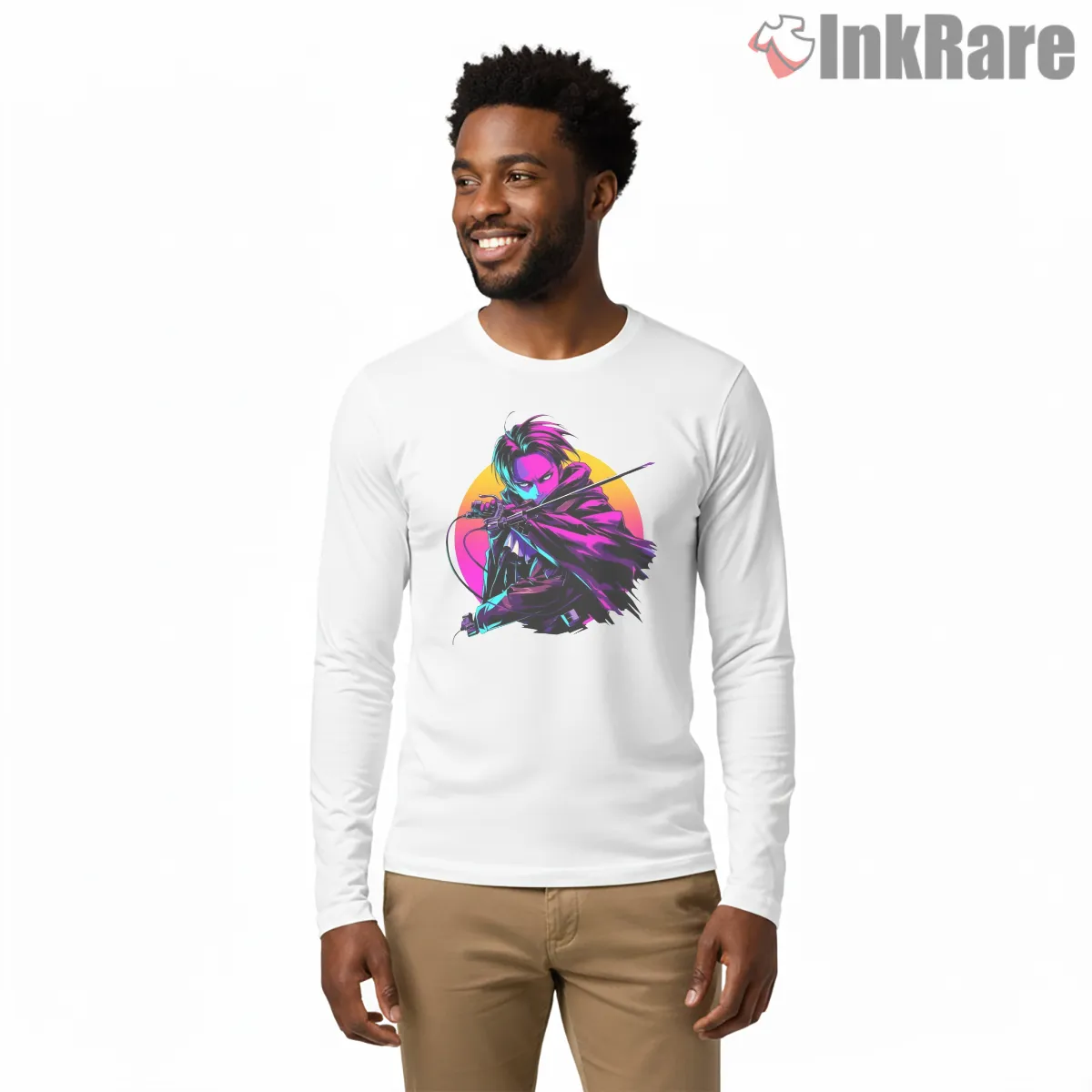 Neon Slash Levi Ackerman Attack On Titan Long Sleeve White Neon Slash Levi Ackerman Attack On Titan Shirt on white long sleeve shirt for men graphic tee