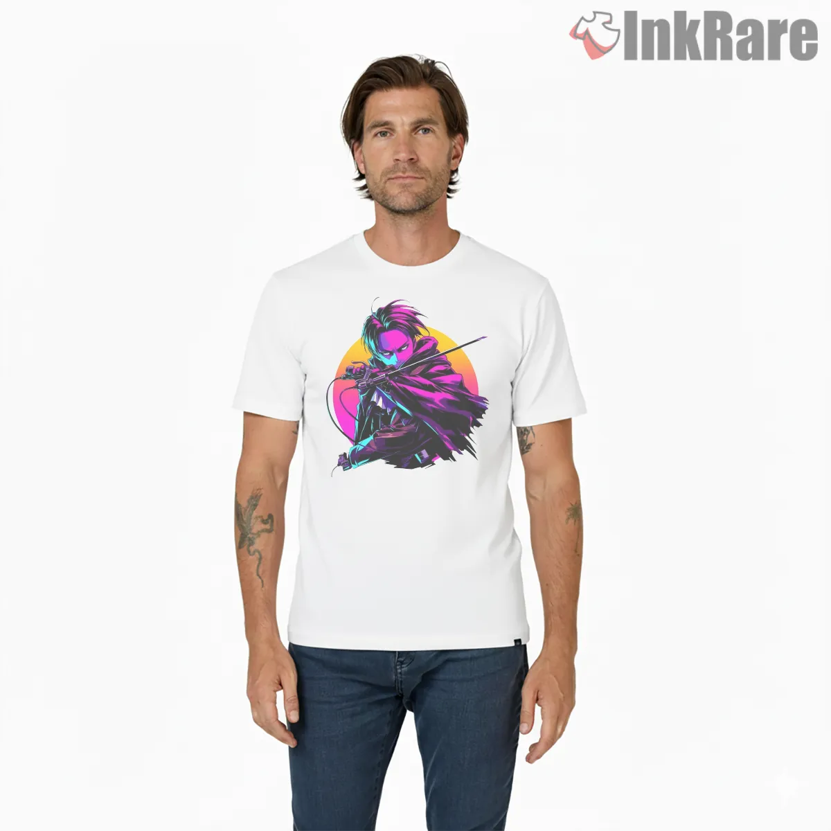 Neon Slash Levi Ackerman Attack On Titan Short Sleeve White Neon Slash Levi Ackerman Attack On Titan Shirt on white short sleeve shirt for men graphic tee