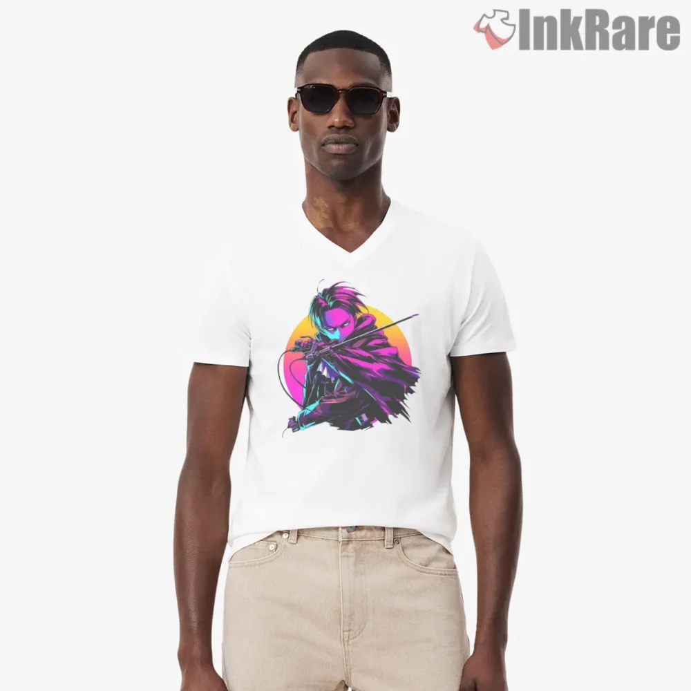Neon Slash Levi Ackerman Attack On Titan Shirt on white v-neck shirt for men graphic tee