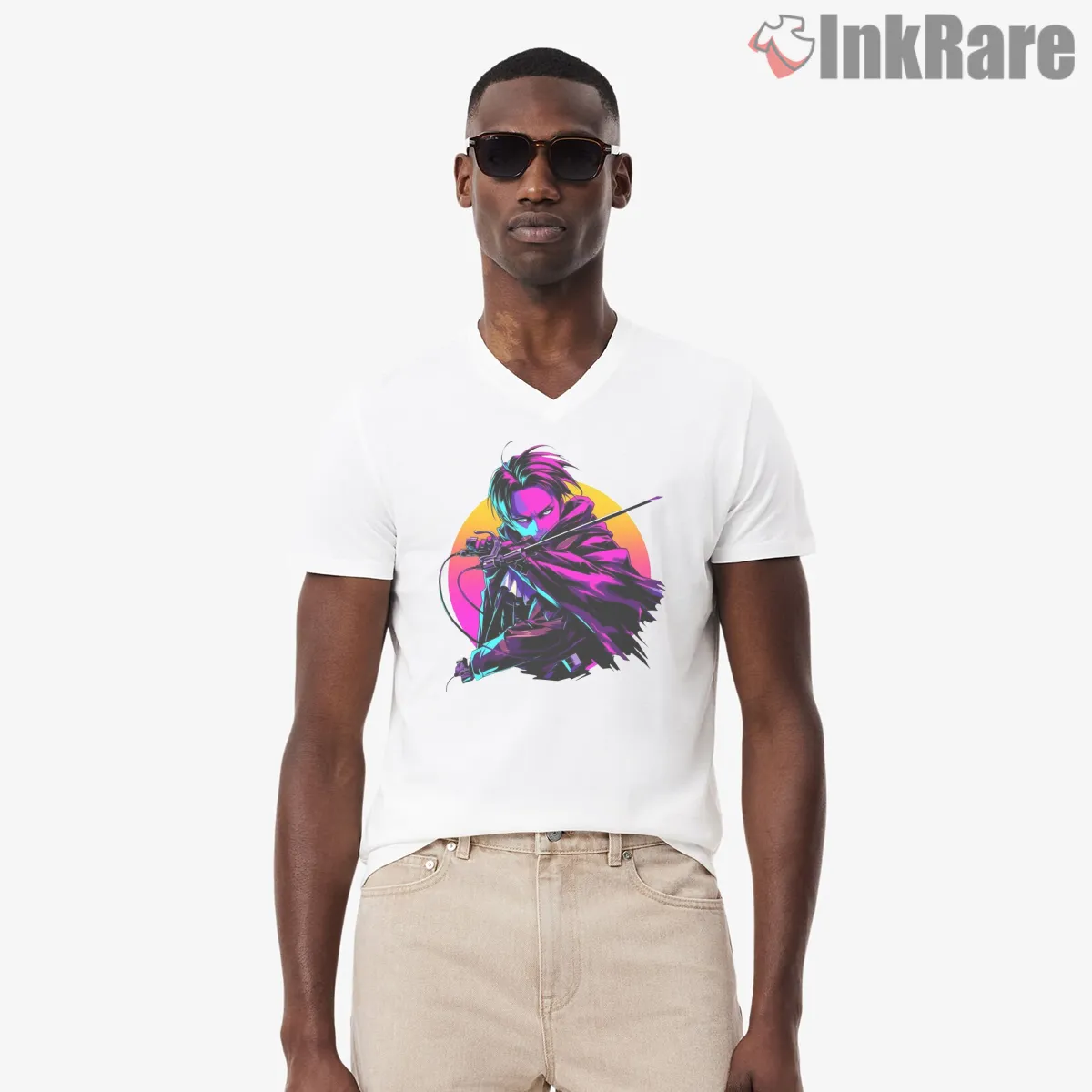 Neon Slash Levi Ackerman Attack On Titan V Neck White Neon Slash Levi Ackerman Attack On Titan Shirt on white v-neck shirt for men graphic tee