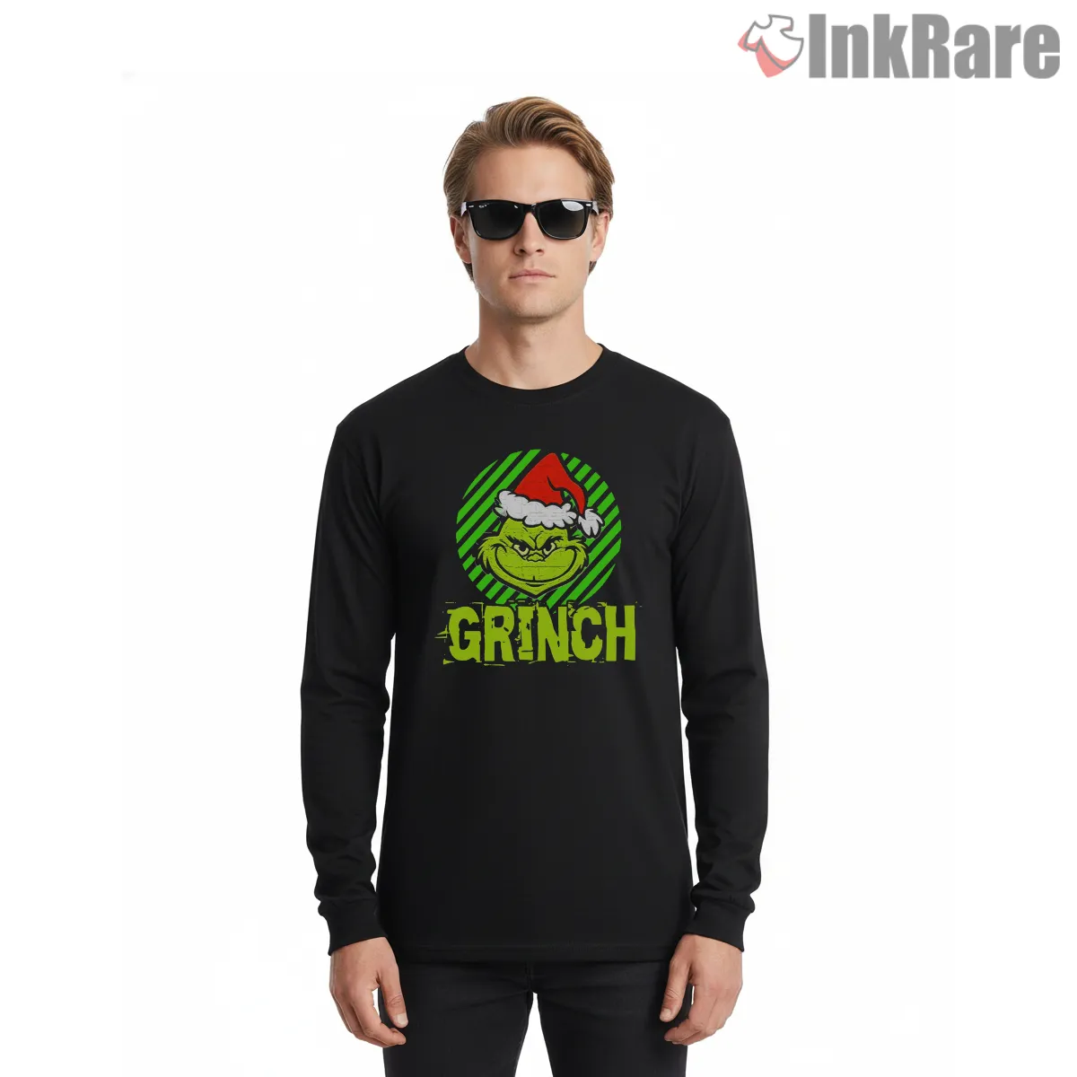 Neon Stripe Grinch Face Christmas Shirt on black long sleeve shirt for men graphic tee