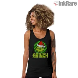 Neon Stripe Grinch Face Christmas Shirt on black tank top for women graphic tee