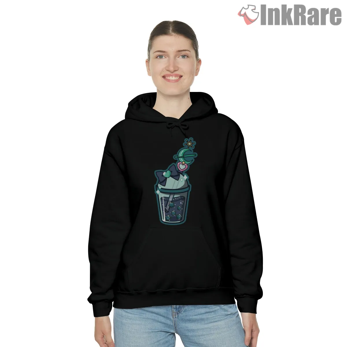 Neptune Inspired Cosmic Boba Fantasy Hoodie Black Neptune Inspired Cosmic Boba Fantasy Shirt on black hoodie for women graphic tee
