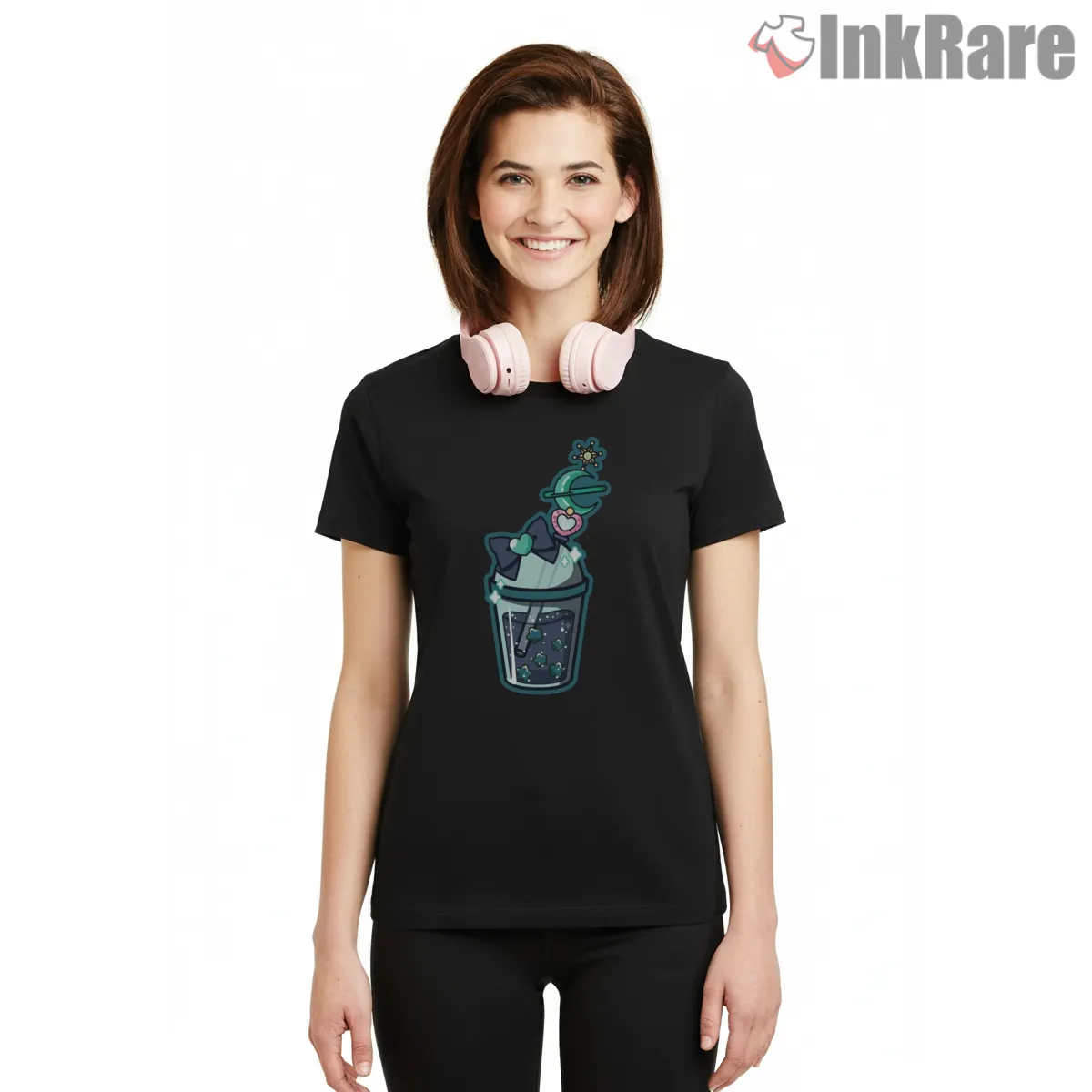 Neptune Inspired Cosmic Boba Fantasy Short Sleeve Black Neptune Inspired Cosmic Boba Fantasy Shirt on black short sleeve shirt for women graphic tee