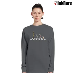 Women’s Nerdy Star Wars Droids Abbey Road Parody Graphic Long-Sleeve Top in charcoal | Sleek, Versatile, All-Season
