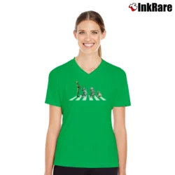 Women’s Nerdy Star Wars Droids Abbey Road Parody Graphic V-Neck Tee in irish green | Chic Neckline, Soft Texture
