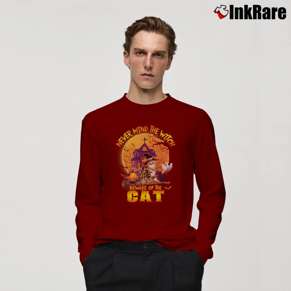 Men’s Never Mind The Witch Beware Of The Cat Halloween Long-Sleeve Shirt in maroon | Sleek, Lightweight, Year-Round Wear