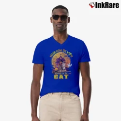 Men’s Never Mind The Witch Beware Of The Cat Halloween V-Neck Tee in royal blue | Sharp, Breathable, Everyday Staple